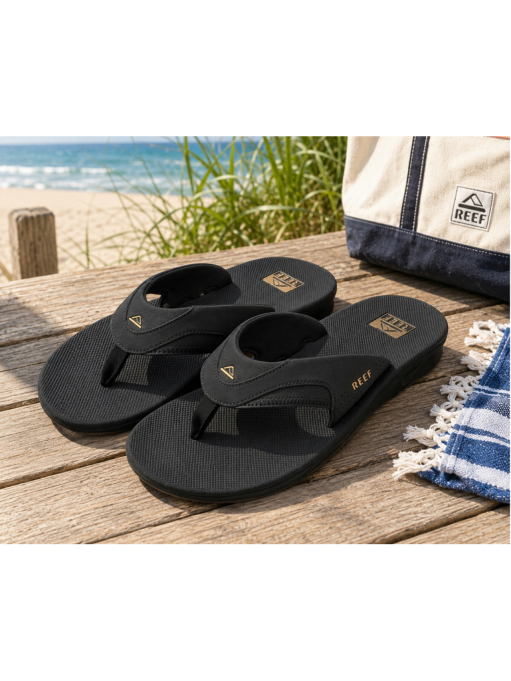 Reef Fanning Black Flip Flops Sandals Men’s Size 15 Bottle Opener Comfort